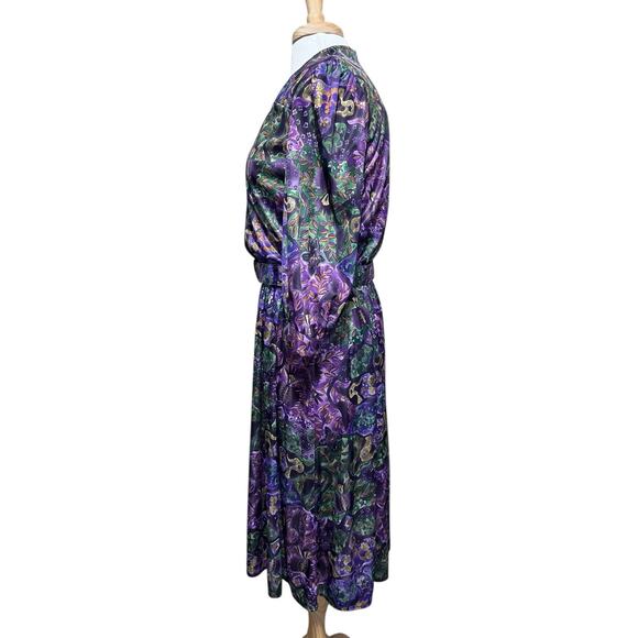 VTG USA Tabby of California Purple Green Abstract Floral Satin Midi Dress 14 - Picture 6 of 9